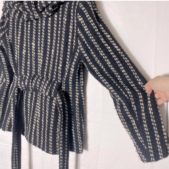 Zara Basic Black Cream Striped Textured Knit Bubble Collar Belted Jacket M - Picture 8 of 16